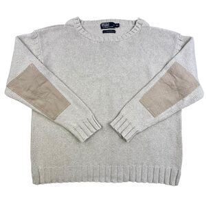 Vintage Polo Ralph Lauren Sweater Mens XXL Cream Cotton Crew Neck Elbow Patch